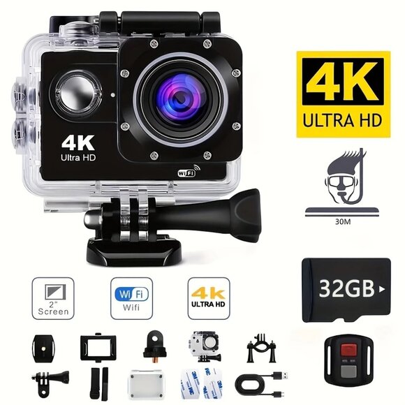 Action Camera 4K30fps, 20MP, 131ft Underwater, WiFi, 170° Wide Angle 16G Memory - Picture 1 of 7